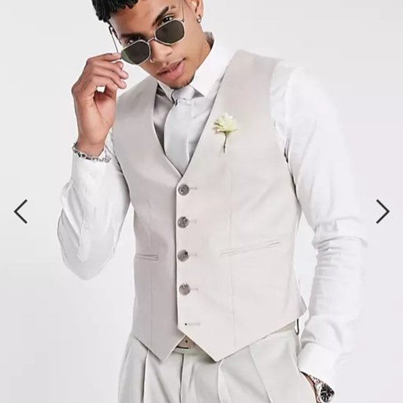 ASOS DESIGN wedding super skinny suit vest in stone linen mix (tan color) - Picture 10 of 12